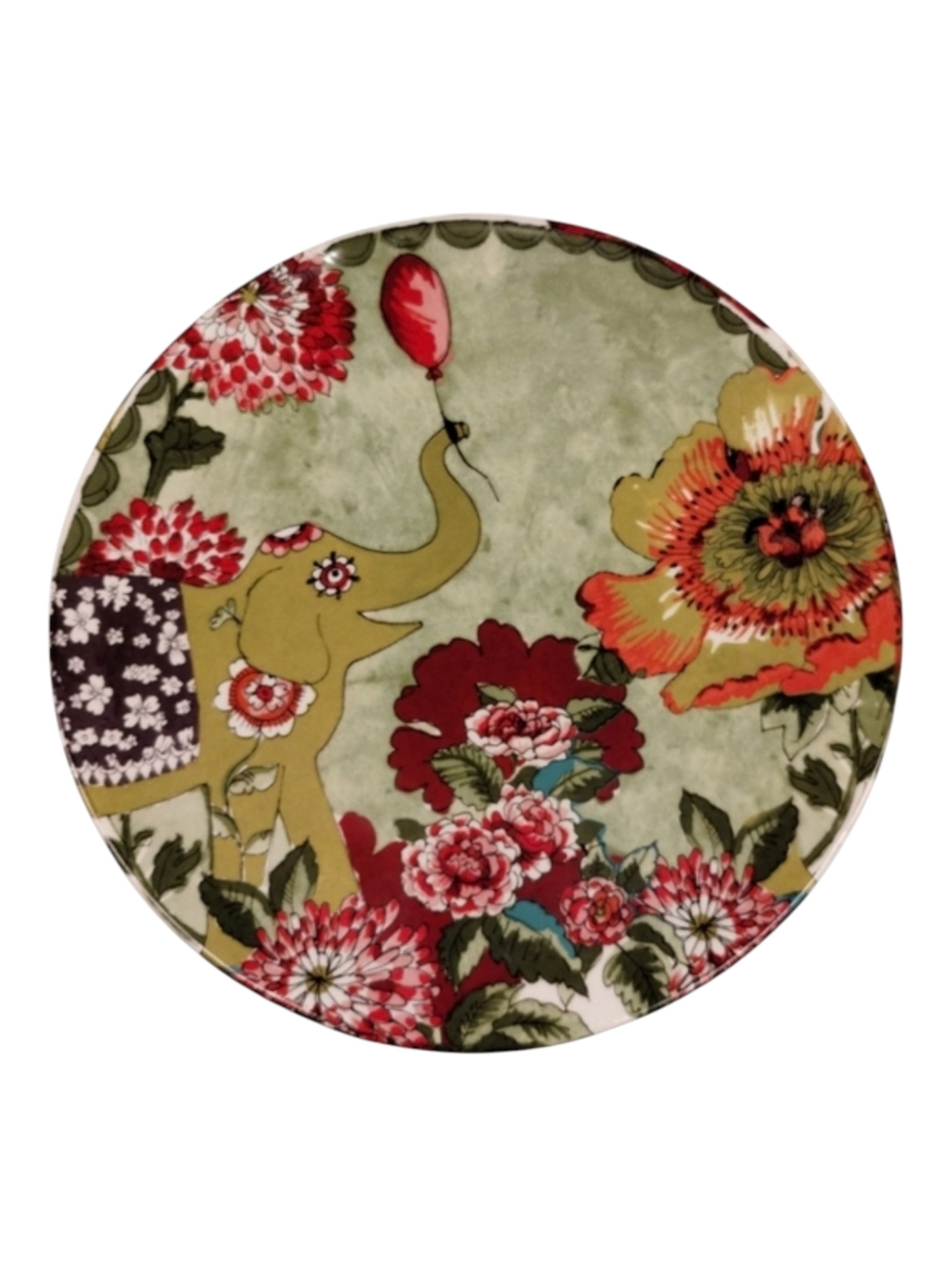World Market Nomad Floral Elephant Salad Plate Green Red Boho Retired 8.5"